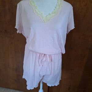 Pink Lace Trim Women's two piece pajama set